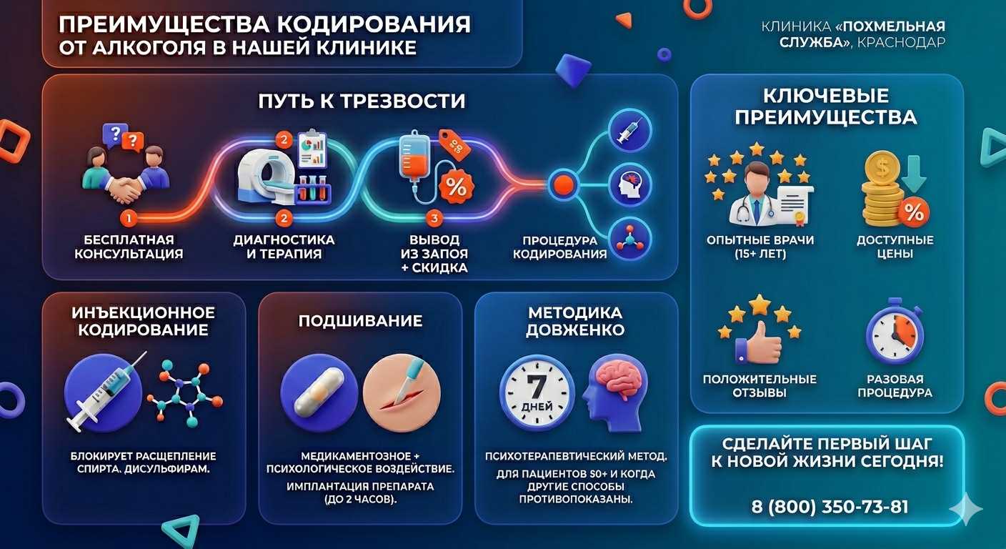 Инфографика о методах кодирования от алкоголя в Сызрани: инъекции, подшивание, метод Довженко. Преимущества клиники и этапы лечения.